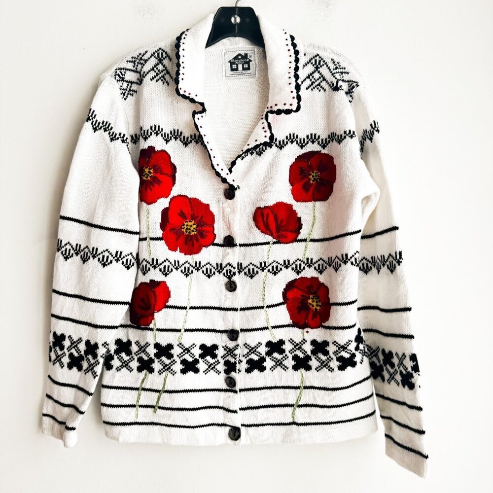 Vintage Storybook Knits Floral Poppy Beaded Cardigan M